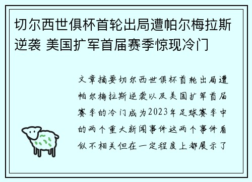 切尔西世俱杯首轮出局遭帕尔梅拉斯逆袭 美国扩军首届赛季惊现冷门