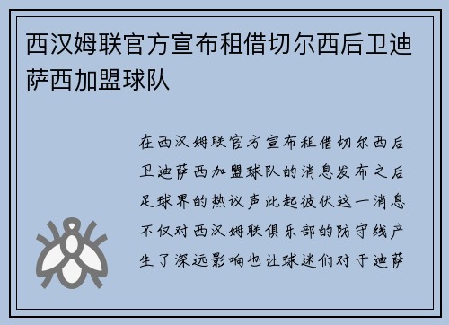 西汉姆联官方宣布租借切尔西后卫迪萨西加盟球队