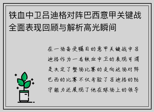 铁血中卫吕迪格对阵巴西意甲关键战全面表现回顾与解析高光瞬间